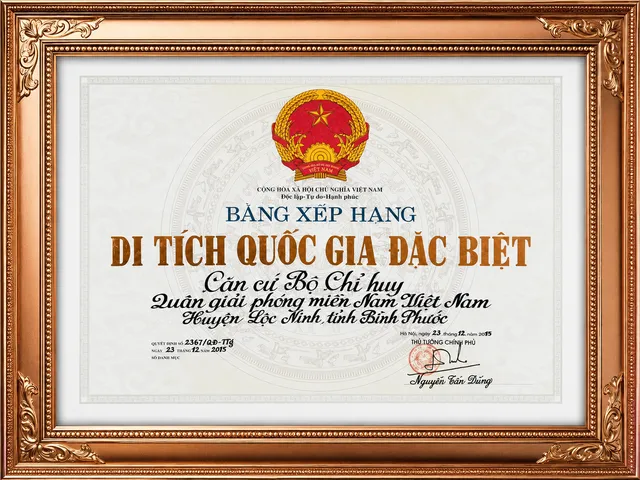 Bằng xếp hạng Di tích quốc gia đặc biệt Căn cứ Bộ Chỉ huy Quân giải phóng miền Nam Việt Nam